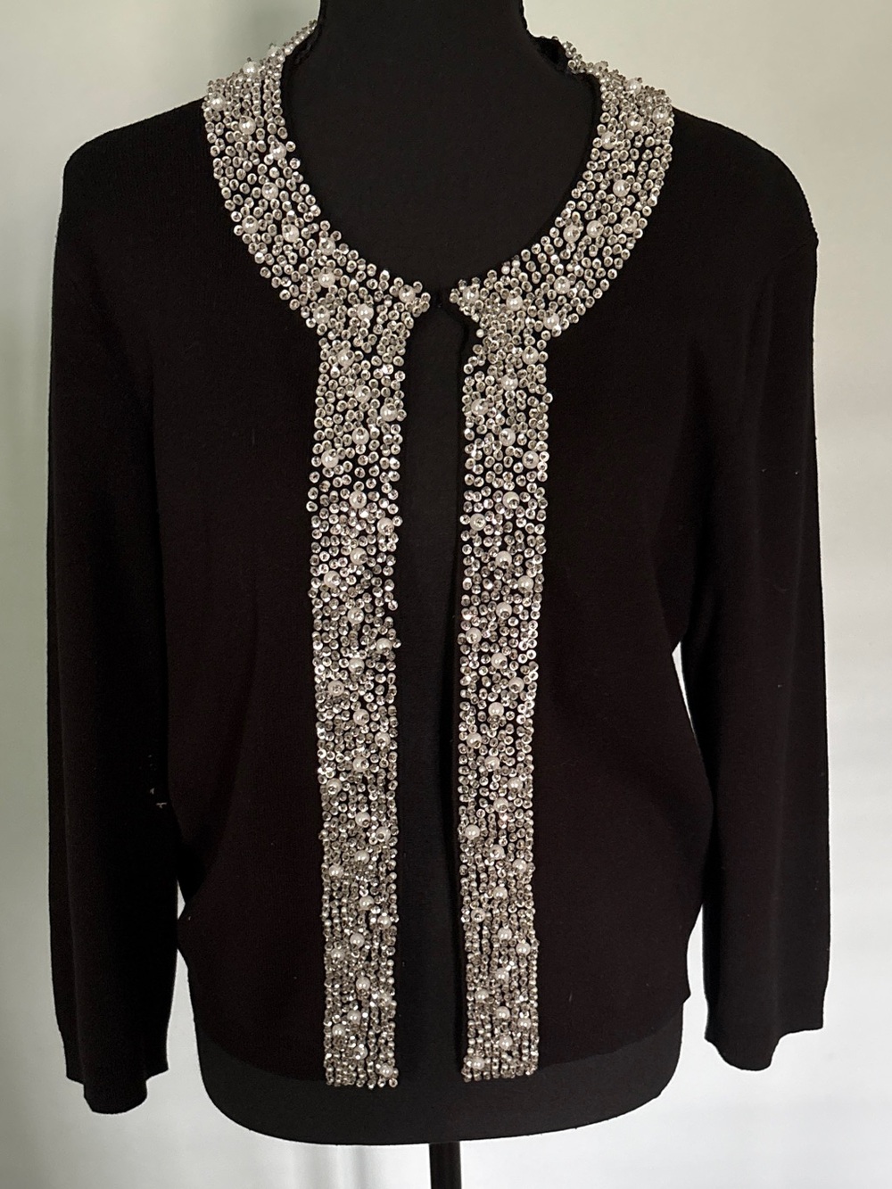 EVIE Black Cardigan with Silver & Pearl Beaded Collar and Front Trim